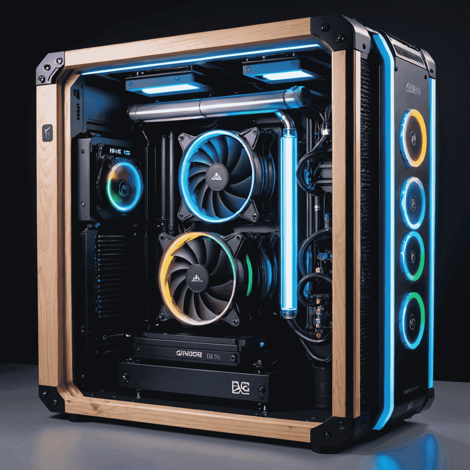 A custom loop liquid cooling system with hardline tubing, a large reservoir, and RGB fittings in a high-end gaming PC